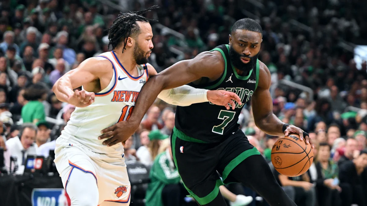 Jaylen Brunson guarding Jaylen Brown during game 5 

